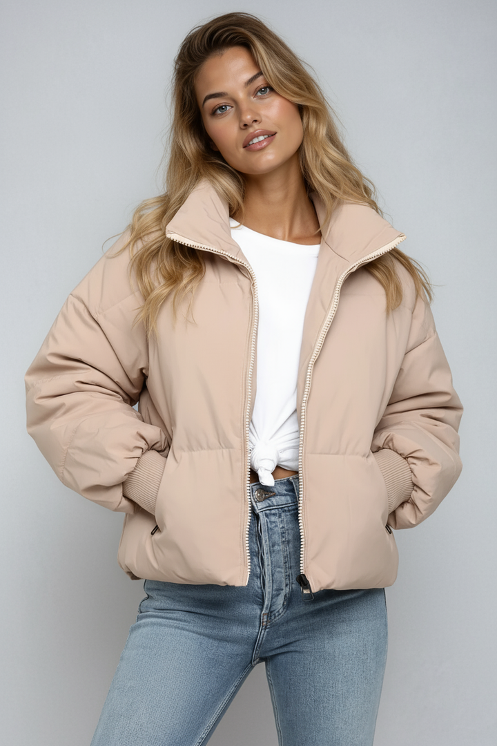 Drune | Damen Casual Kurze Gepolsterte Pufferjacke mit Reißverschluss und Taschen
