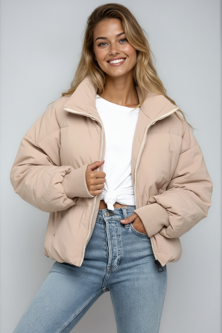 Drune | Damen Casual Kurze Gepolsterte Pufferjacke mit Reißverschluss und Taschen