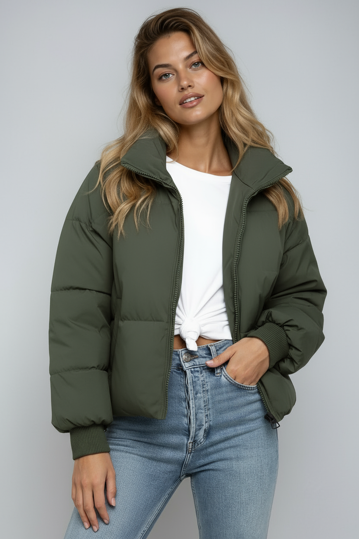 Drune | Damen Casual Kurze Gepolsterte Pufferjacke mit Reißverschluss und Taschen