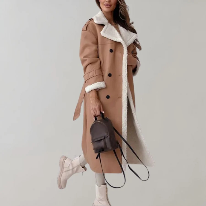 Drune | Fleece Futter Doppelreihig Lange Übergangsjacke Frauen Lange Winterjacken für Damen