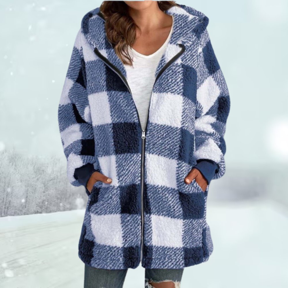 Drune | Karierte Damenjacke mit Kapuze und Reißverschluss mittellanges Fleecejacke