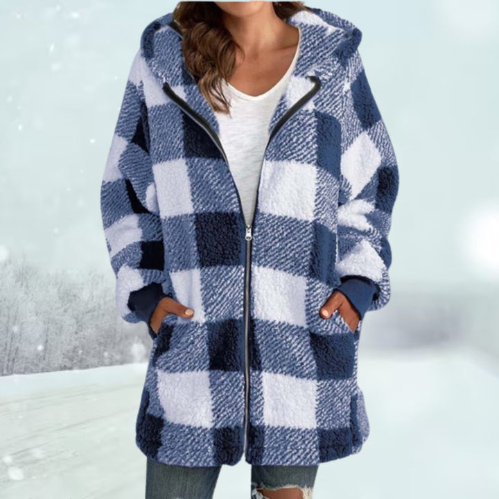 Drune | Karierte Damenjacke mit Kapuze und Reißverschluss mittellanges Fleecejacke