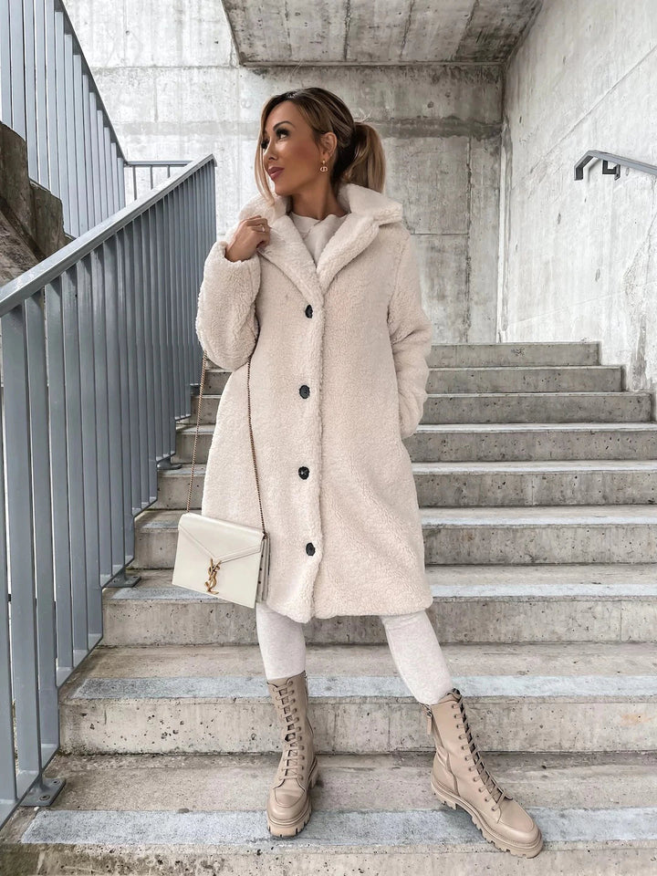 Drune | Langer Mantel - Weiches Teddy-Fleece - Kapuze & Knopfverschluss - Lockere Passform