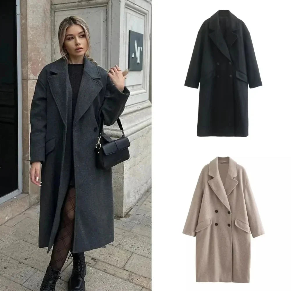 Drune | Doppelreiher Übergrößen Langer Wollmantel Damen Winterjacken & Mäntel