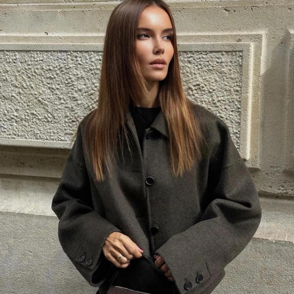 Drune | Einreiher Lockere Passform Kurzer Wollmantel Woll Trenchcoat für Damen