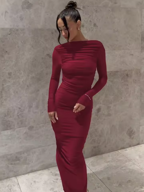 Damen Drapiertes Langarm-Maxikleid Drune