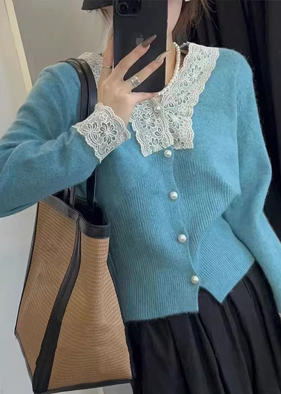 Drune | Aprikosenknopf-Spitzen-Patchwork-Baumwollstrickmäntel