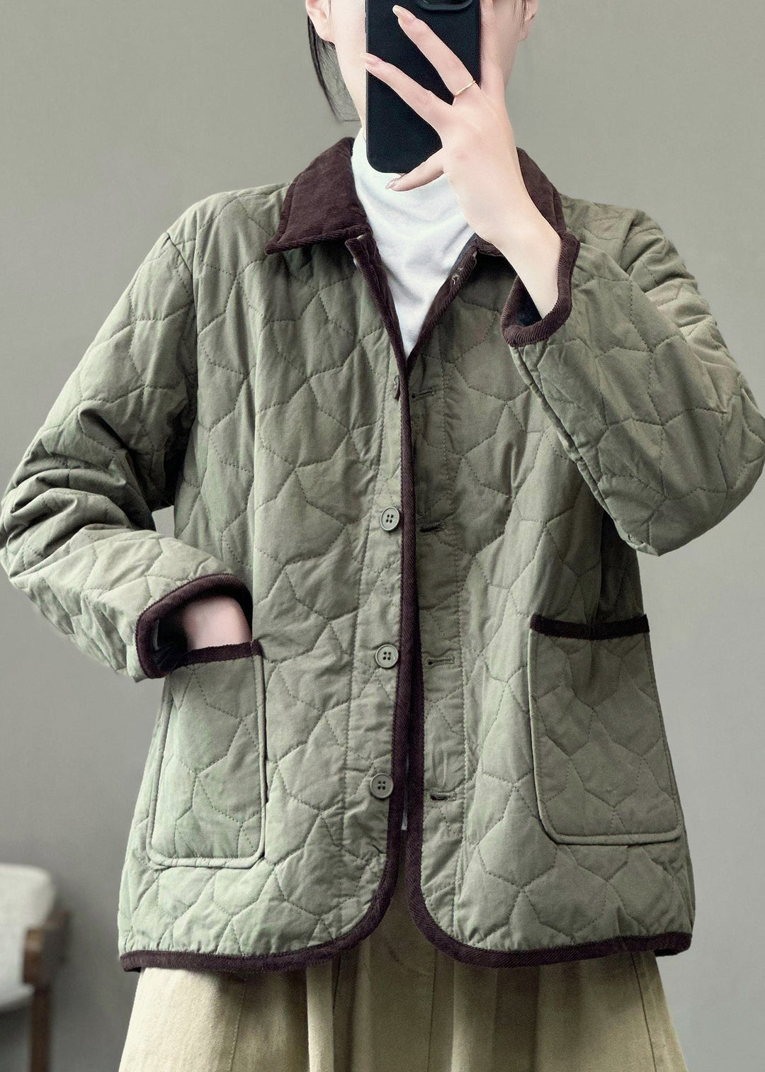Drune | Army Green Peter Pan Kragen Taschen Feine Baumwolle Gefütterte Jacken Winter