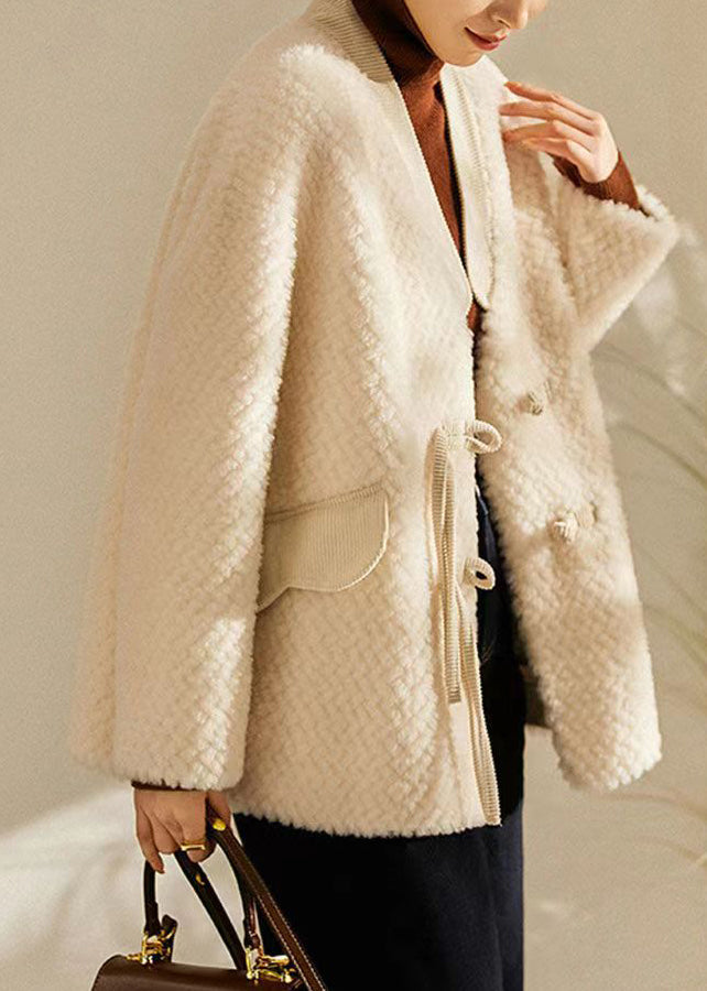 Drune | Beiger Quasten Chinesischer Knopf Patchwork Wollmäntel Winter
