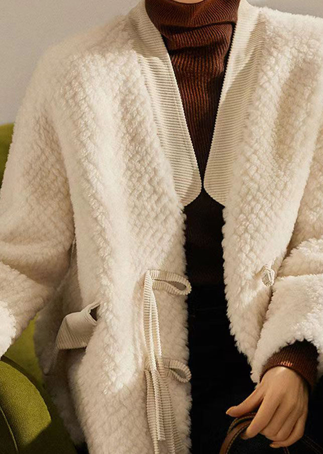 Drune | Beiger Quasten Chinesischer Knopf Patchwork Wollmäntel Winter