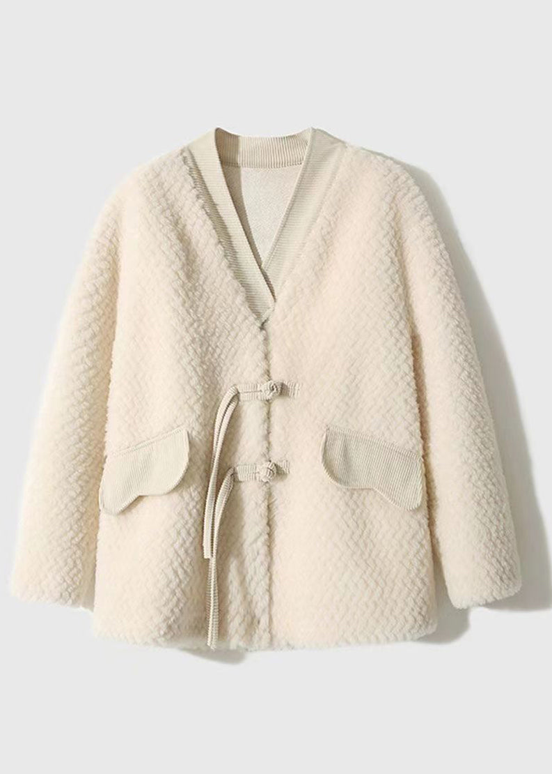 Drune | Beiger Quasten Chinesischer Knopf Patchwork Wollmäntel Winter