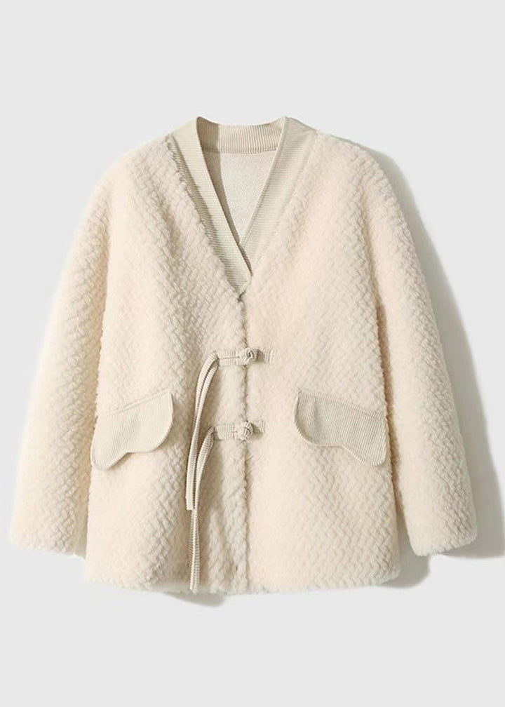 Drune | Beiger Quasten Chinesischer Knopf Patchwork Wollmäntel Winter