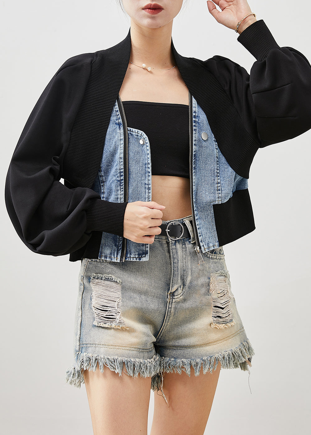 Drune | Schwarze Übergroße Patchwork Denim Fake Zwei Stück Mäntel