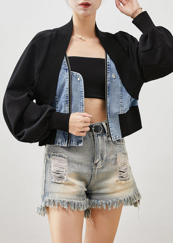Drune | Schwarze Übergroße Patchwork Denim Fake Zwei Stück Mäntel