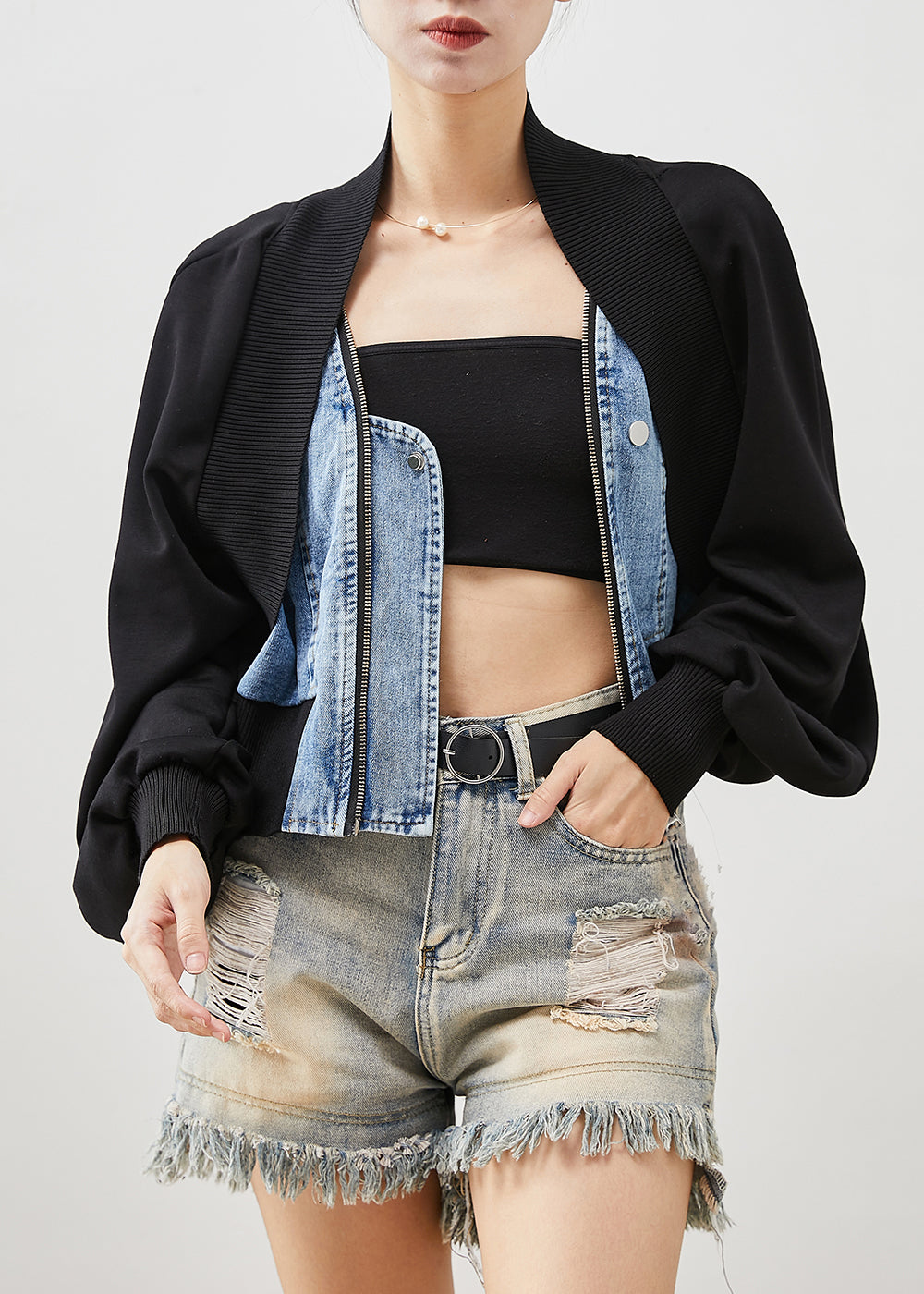 Drune | Schwarze Übergroße Patchwork Denim Fake Zwei Stück Mäntel