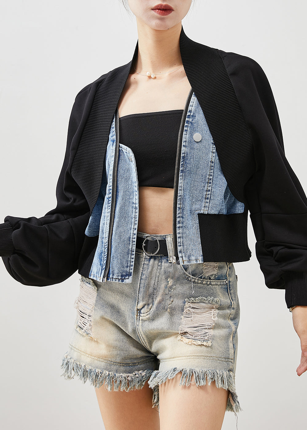 Drune | Schwarze Übergroße Patchwork Denim Fake Zwei Stück Mäntel