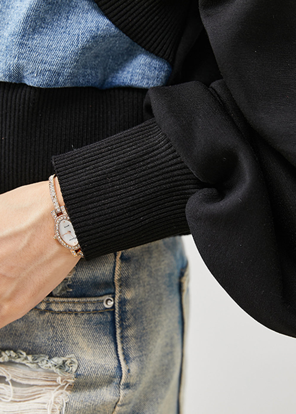 Drune | Schwarze Übergroße Patchwork Denim Fake Zwei Stück Mäntel