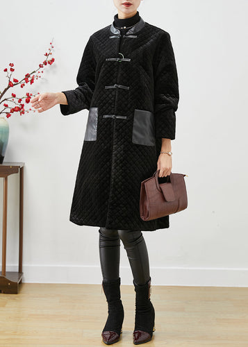 Drune | Schwarze Patchwork-Taschen Seidenvelours Fein Baumwolle Gefüllte Mäntel Winter