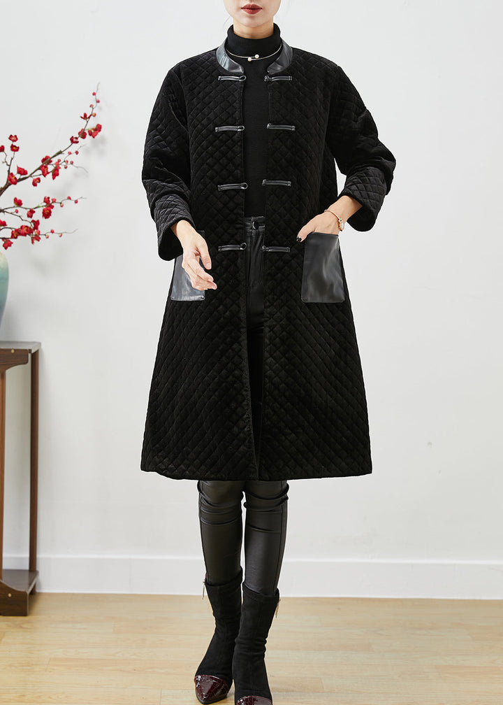 Drune | Schwarze Patchwork-Taschen Seidenvelours Fein Baumwolle Gefüllte Mäntel Winter