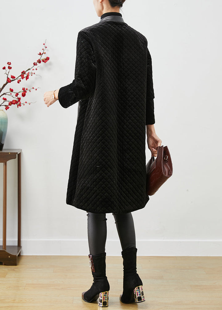 Drune | Schwarze Patchwork-Taschen Seidenvelours Fein Baumwolle Gefüllte Mäntel Winter