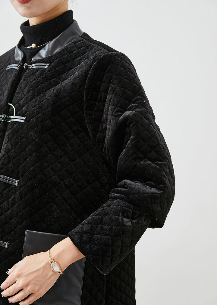 Drune | Schwarze Patchwork-Taschen Seidenvelours Fein Baumwolle Gefüllte Mäntel Winter