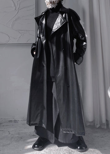 Drune | Schwarze Peter-Pan-Kragen Patchwork-Bänder Faux-Leder Lange Trenchcoats Lange Ärmel