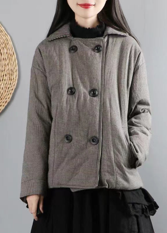 Drune | Schwarze Karierte Taschen Doppelt Brust Patchwork Baumwollgefüllte Mäntel Winter