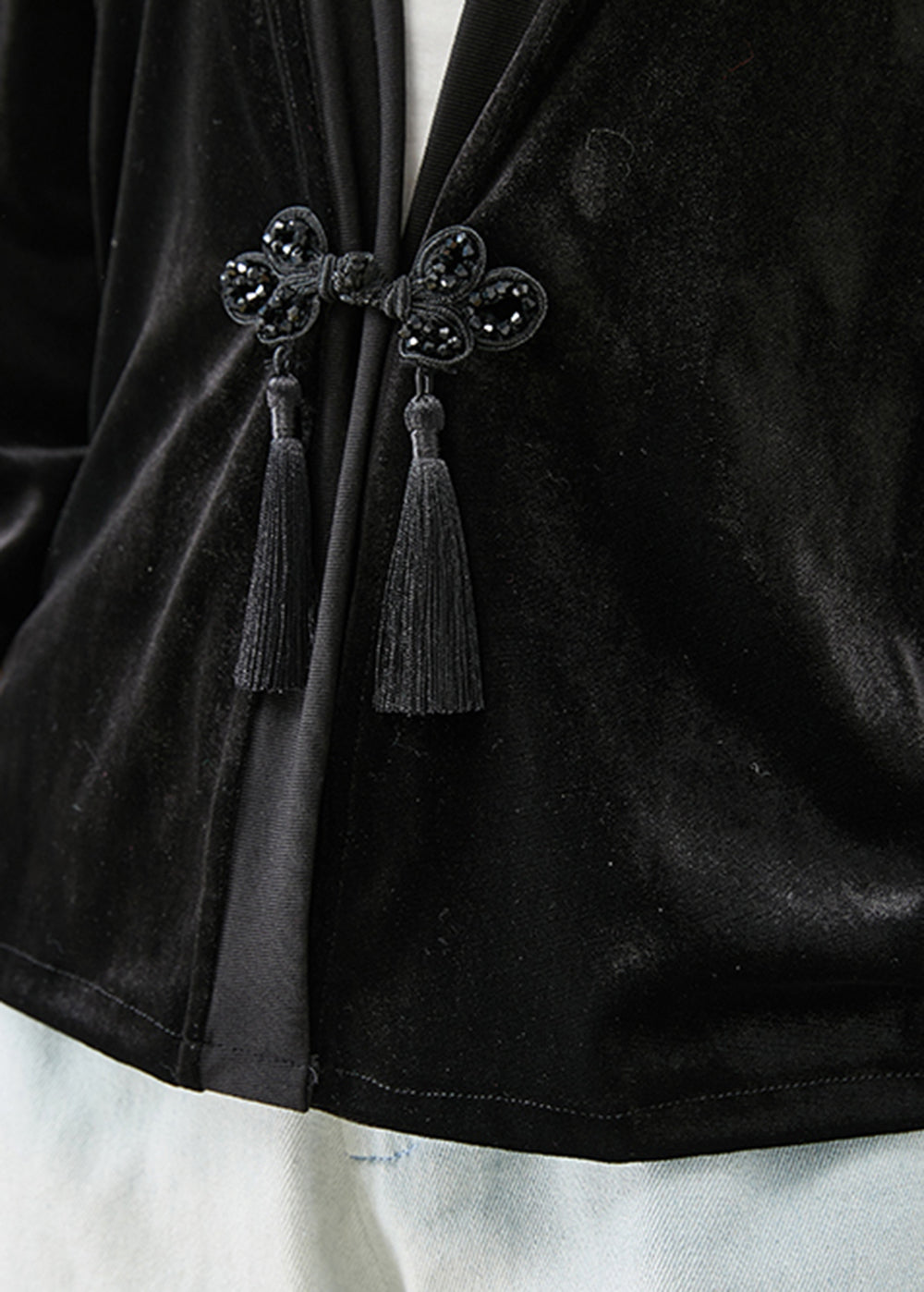Drune | Schwarze Quasten Chinesische Knopf Seide Velours Mäntel
