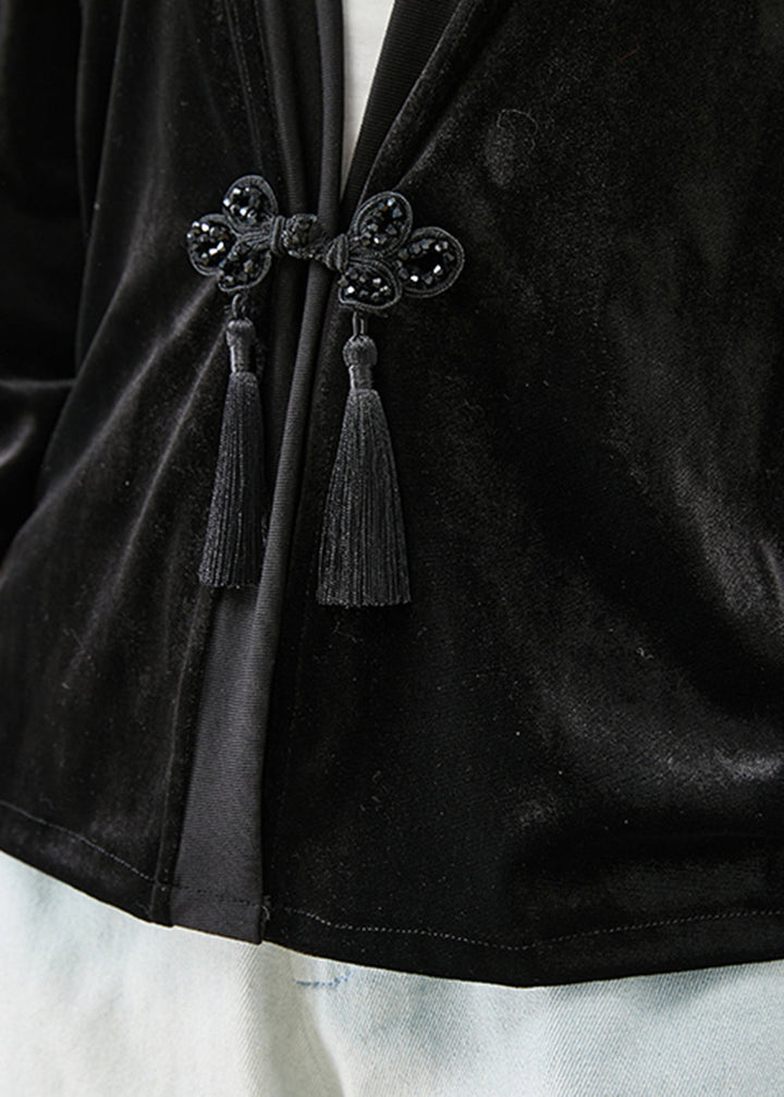 Drune | Schwarze Quasten Chinesische Knopf Seide Velours Mäntel