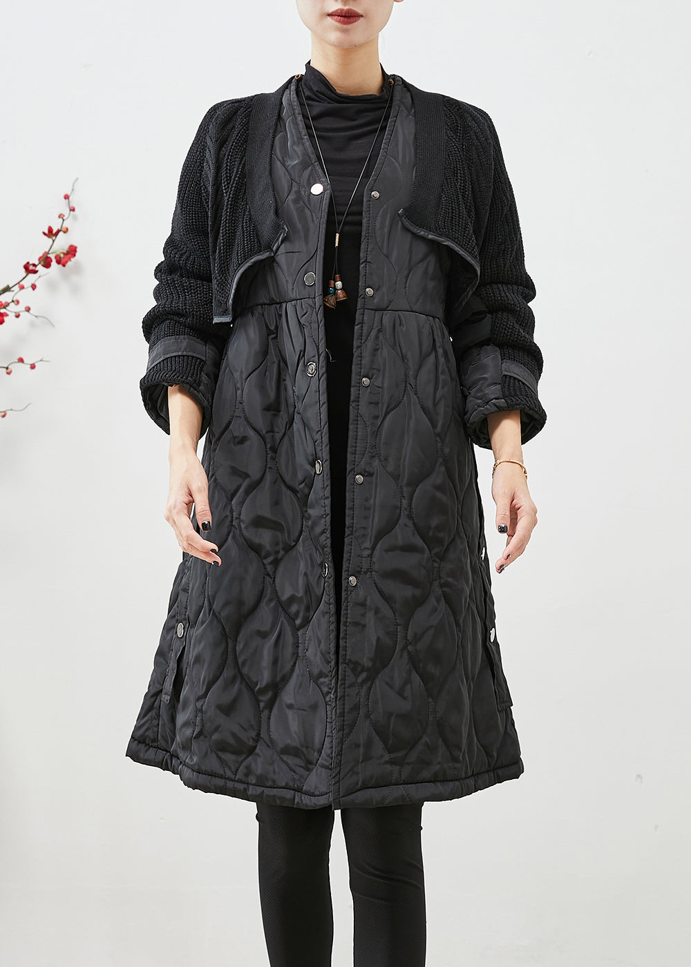 Drune | Schwarzer V-Ausschnitt Strick Patchwork Feine Baumwolle Gefüllt Drune | Wintermäntel