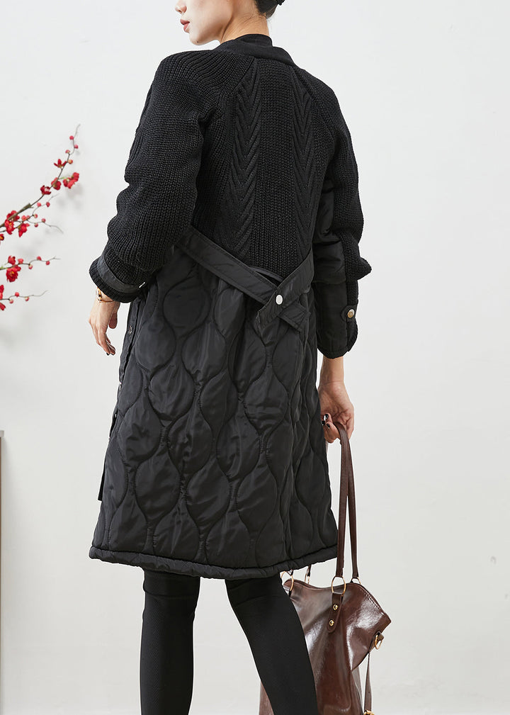 Drune | Schwarzer V-Ausschnitt Strick Patchwork Feine Baumwolle Gefüllt Drune | Wintermäntel