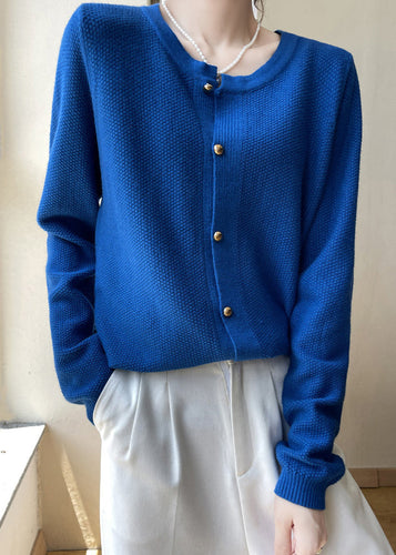 Drune | Blaue O Hals Knopf Patchwork Baumwoll Strickmäntel