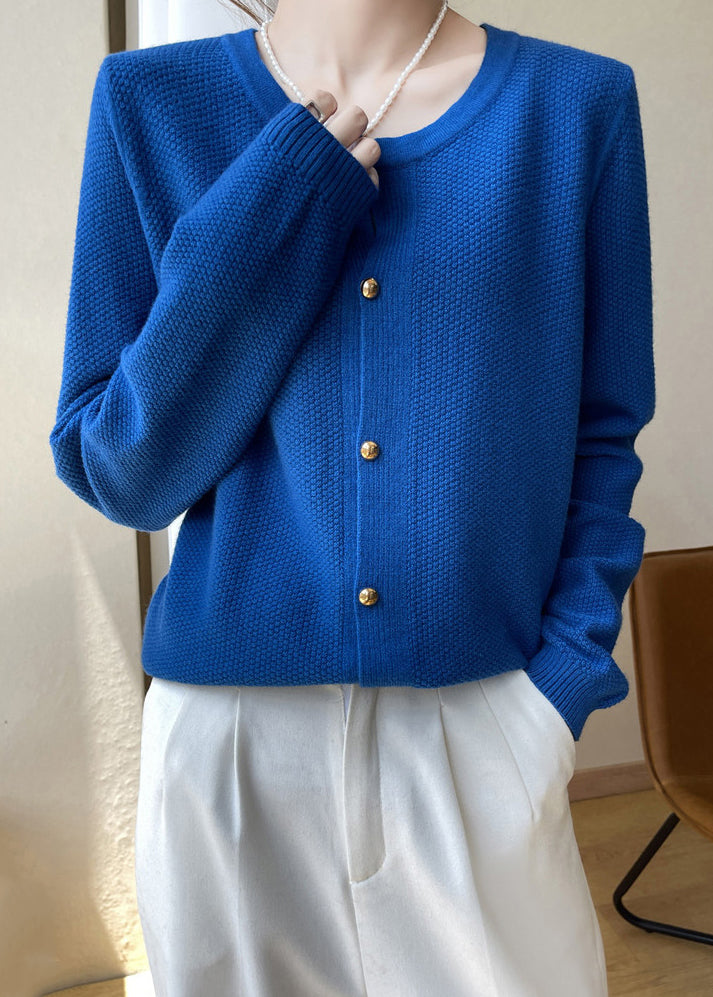 Drune | Blaue O Hals Knopf Patchwork Baumwoll Strickmäntel