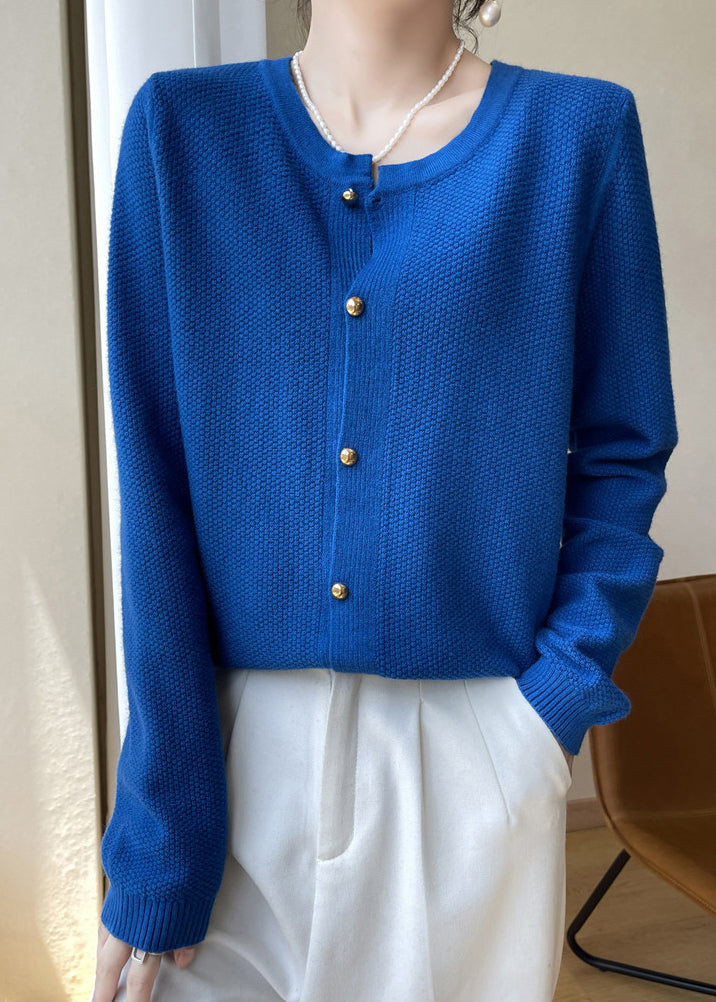 Drune | Blaue O Hals Knopf Patchwork Baumwoll Strickmäntel