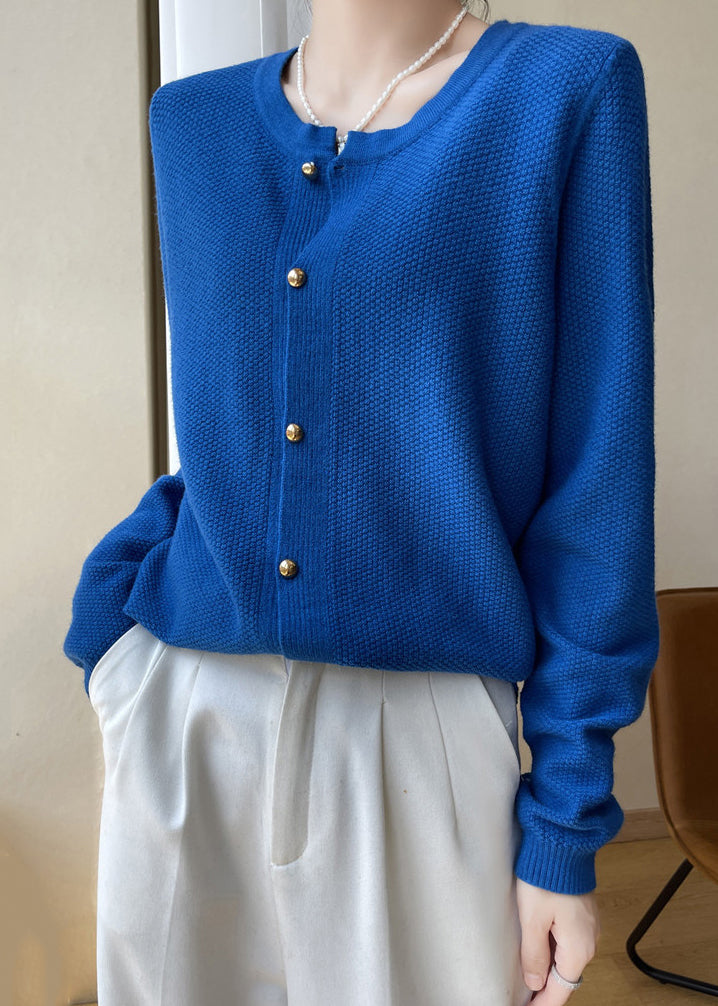 Drune | Blaue O Hals Knopf Patchwork Baumwoll Strickmäntel