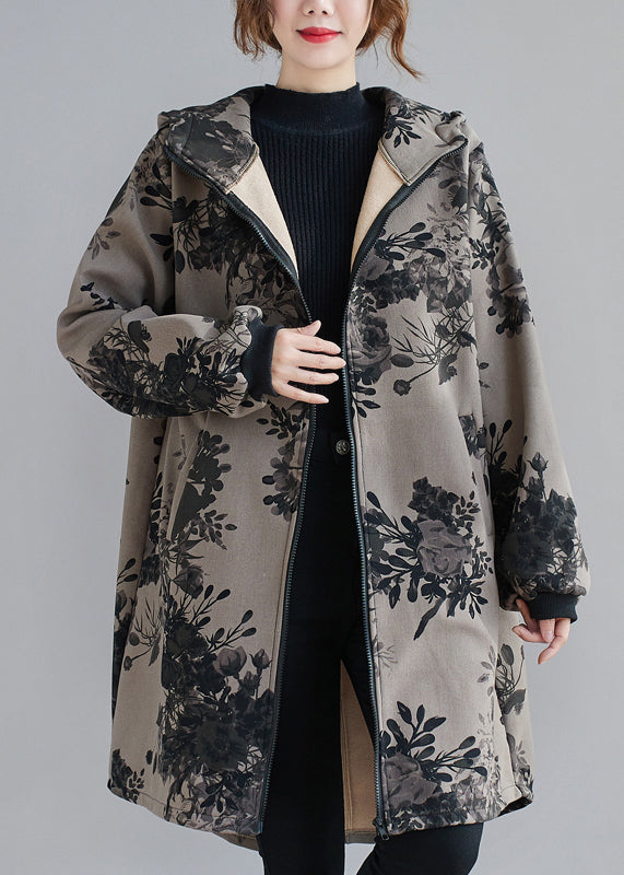 Drune | Dunkelgrau Kapuzen Drucktaschen Patchwork Dicke Mäntel