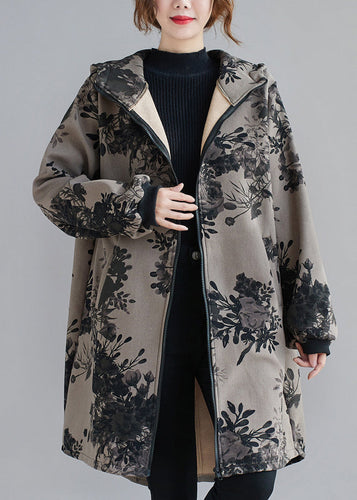 Drune | Dunkelgrau Kapuzen Drucktaschen Patchwork Dicke Mäntel