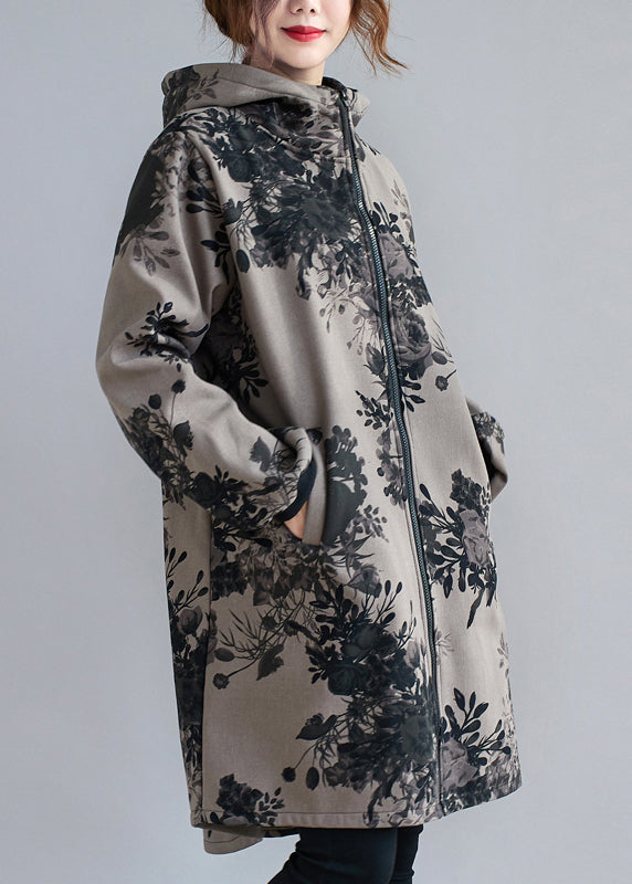 Drune | Dunkelgrau Kapuzen Drucktaschen Patchwork Dicke Mäntel