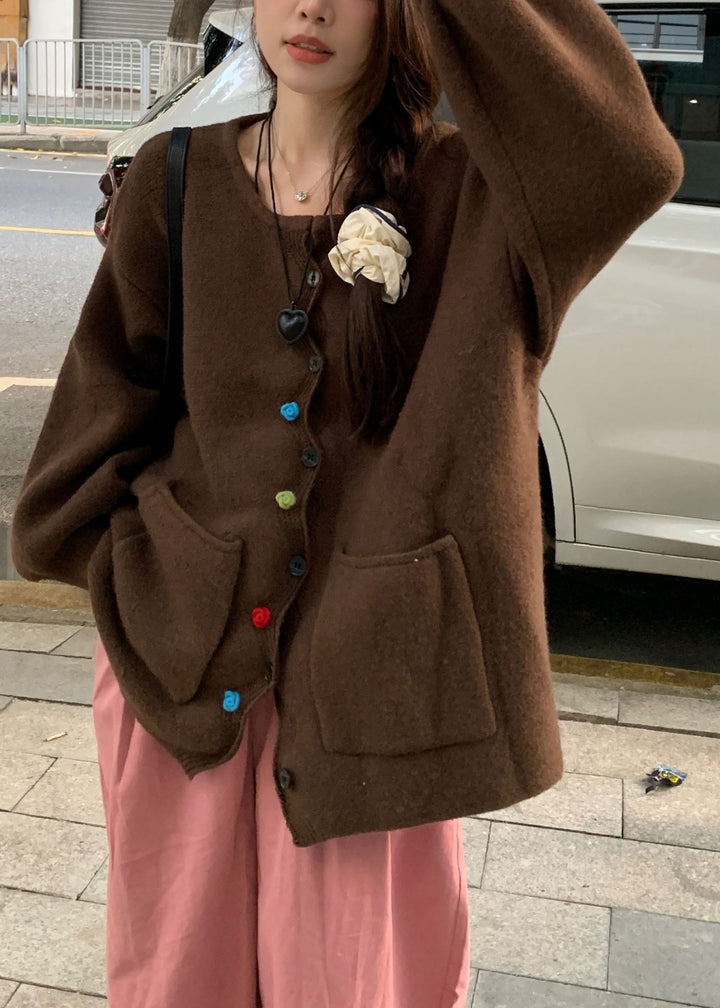 Drune | Kaffee Taschen Knopf Solide Baumwolle Strickpullover Mäntel