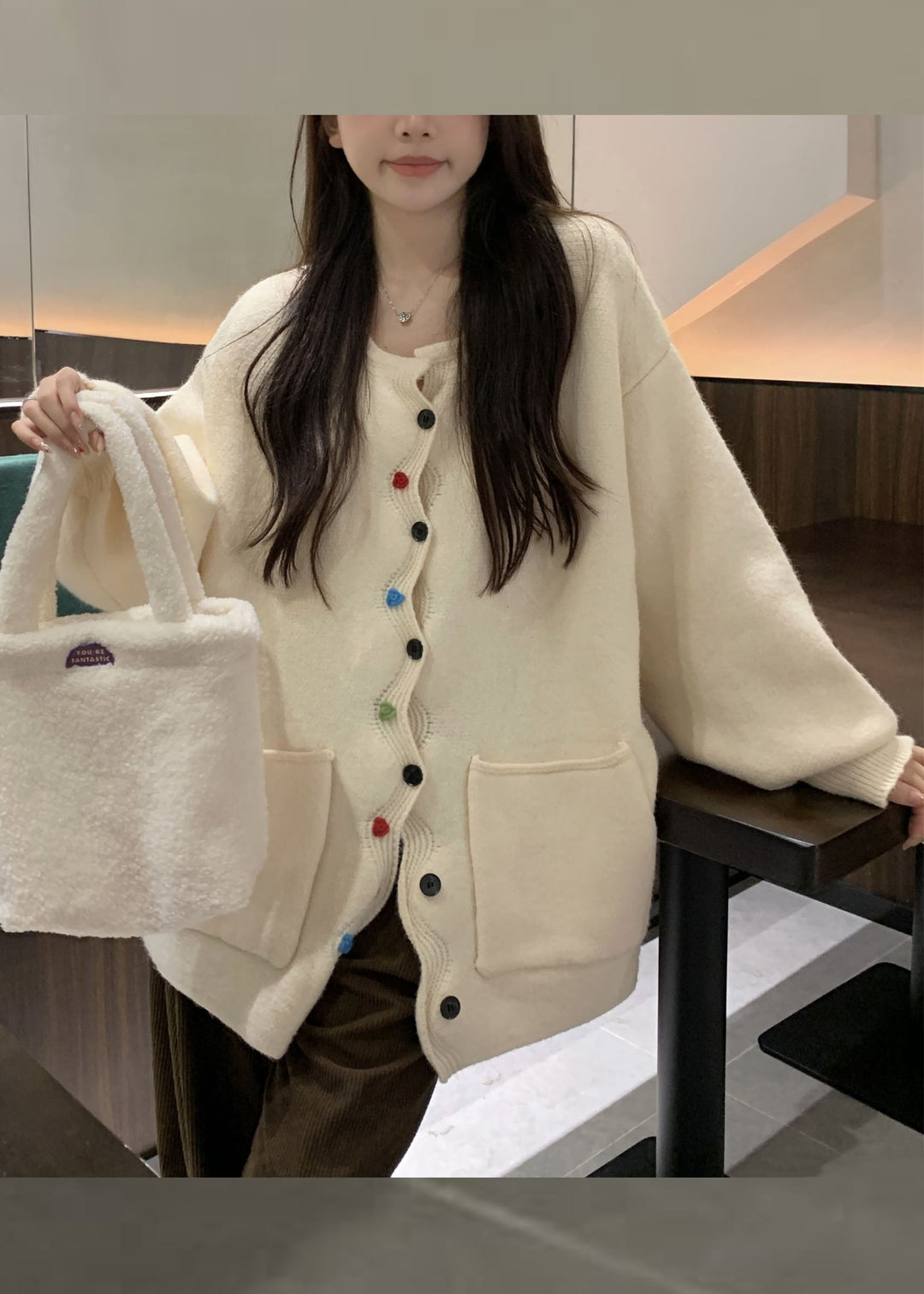 Drune | Kaffee Taschen Knopf Solide Baumwolle Strickpullover Mäntel