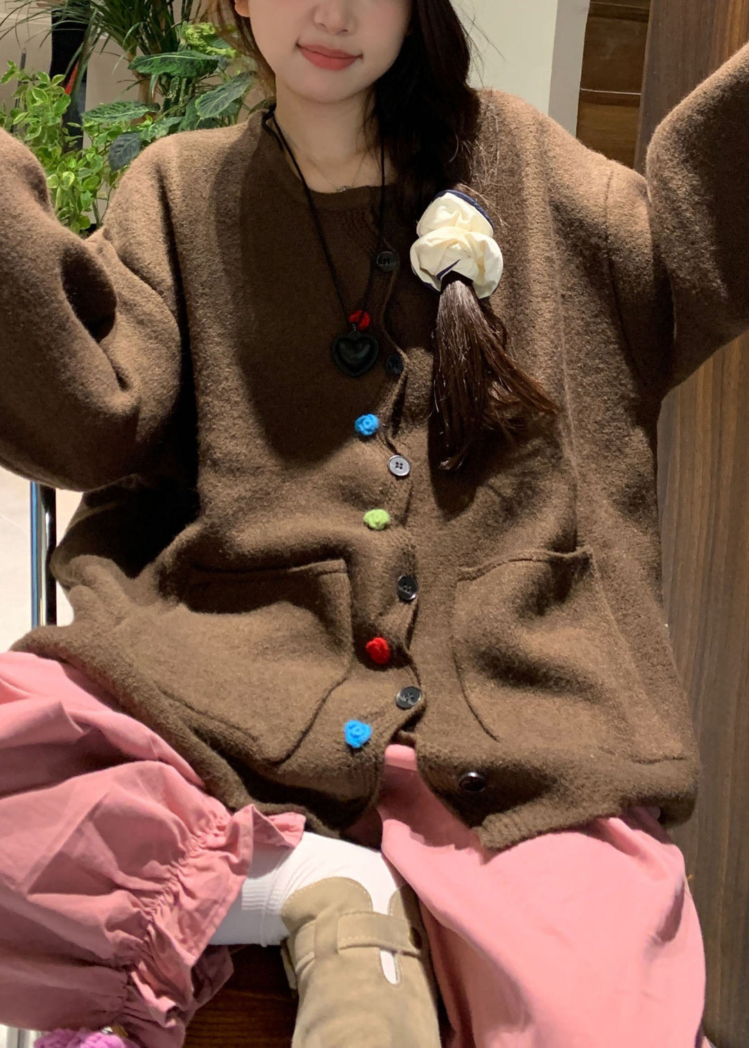 Drune | Kaffee Taschen Knopf Solide Baumwolle Strickpullover Mäntel