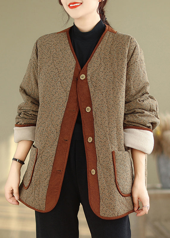 Drune | Kaffee V Ausschnitt Taschen Druck Warme Fleecejacken Winter