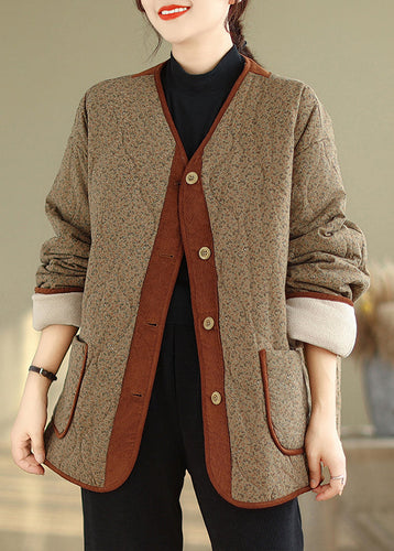 Drune | Kaffee V Ausschnitt Taschen Druck Warme Fleecejacken Winter