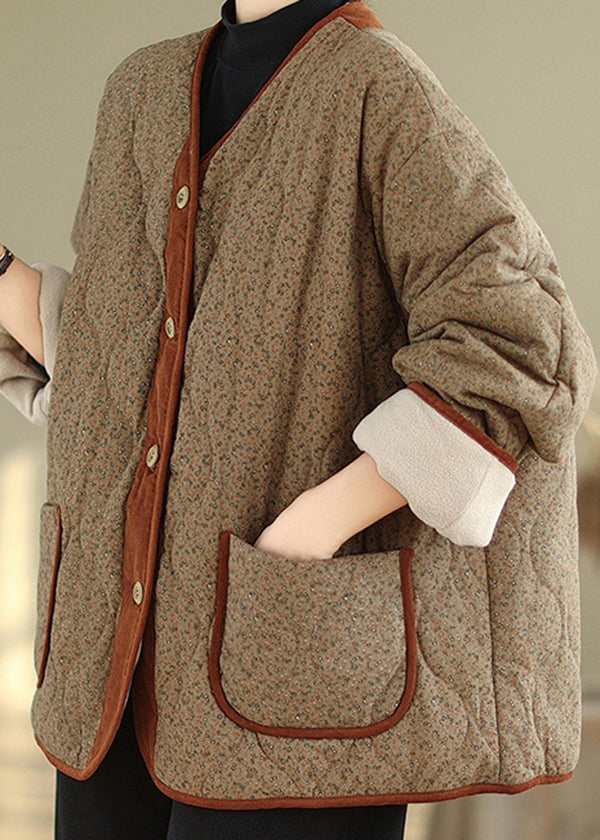 Drune | Kaffee V Ausschnitt Taschen Druck Warme Fleecejacken Winter