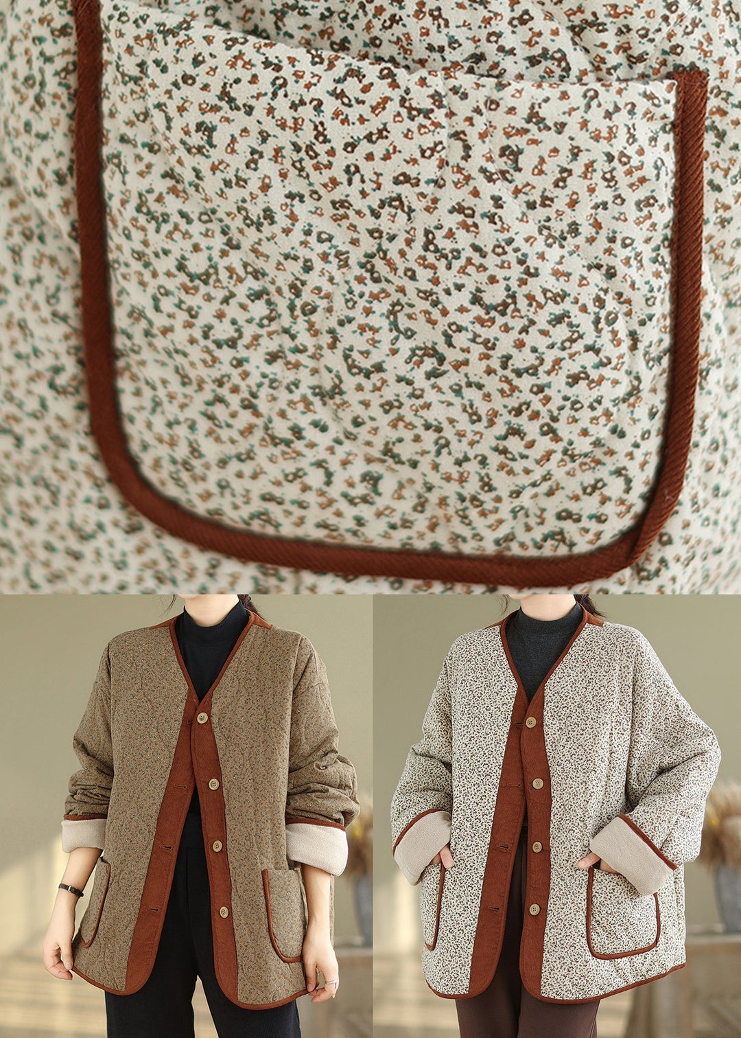 Drune | Kaffee V Ausschnitt Taschen Druck Warme Fleecejacken Winter