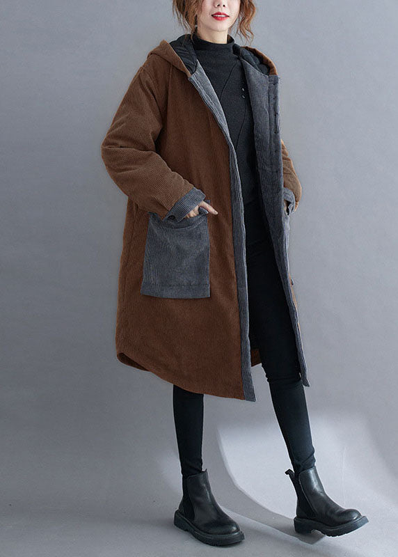 Drune | Schokoladen Kapuzenjacken mit Taschen Winterjacken Baumwolle Dicke Mäntel
