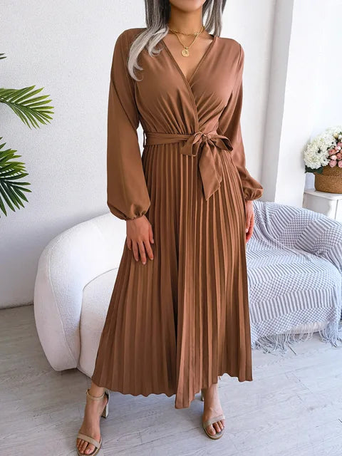 Drune - Damen V-Ausschnitt Plissiertes Maxikleid Langarm