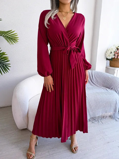 Drune - Damen V-Ausschnitt Plissiertes Maxikleid Langarm