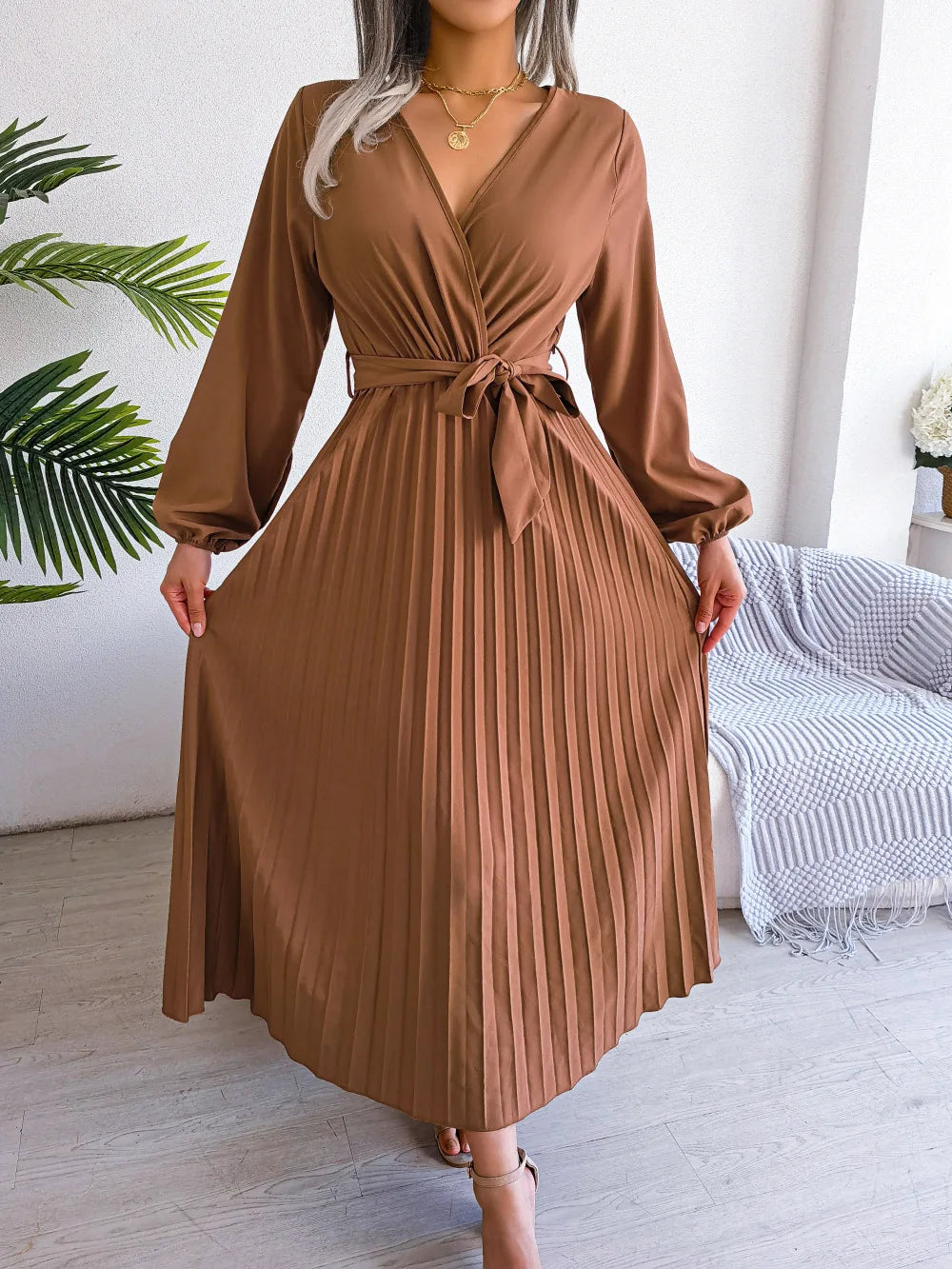 Drune - Damen V-Ausschnitt Plissiertes Maxikleid Langarm