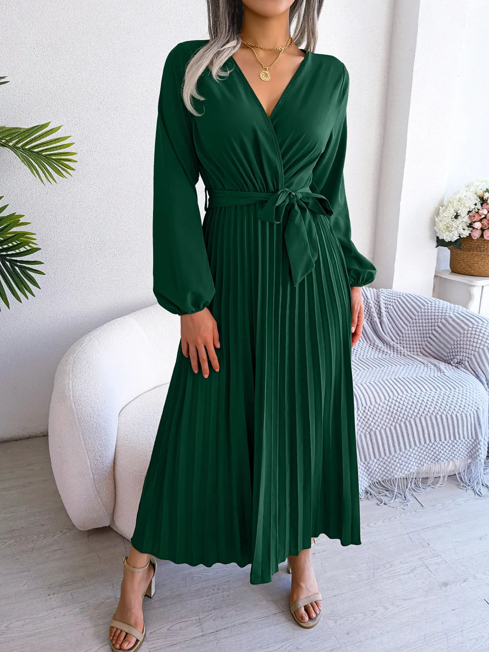 Drune - Damen V-Ausschnitt Plissiertes Maxikleid Langarm